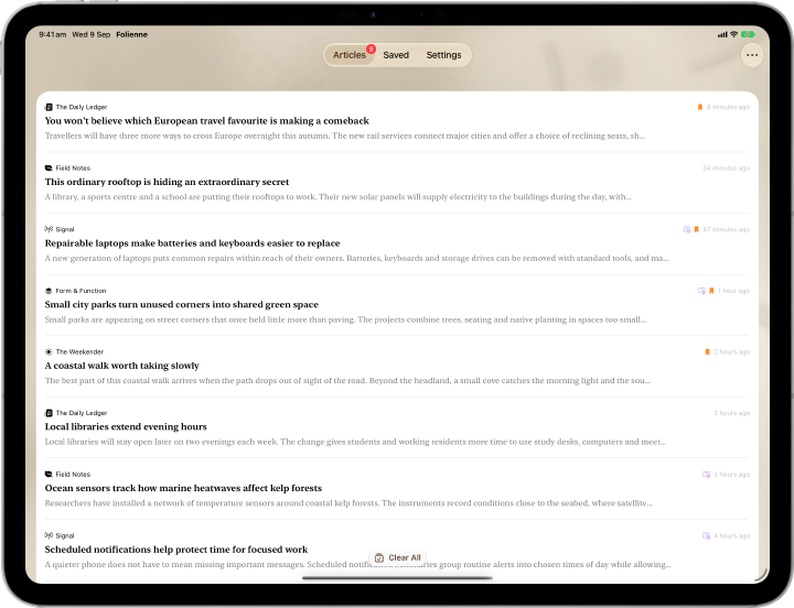 Folienne Articles on iPad